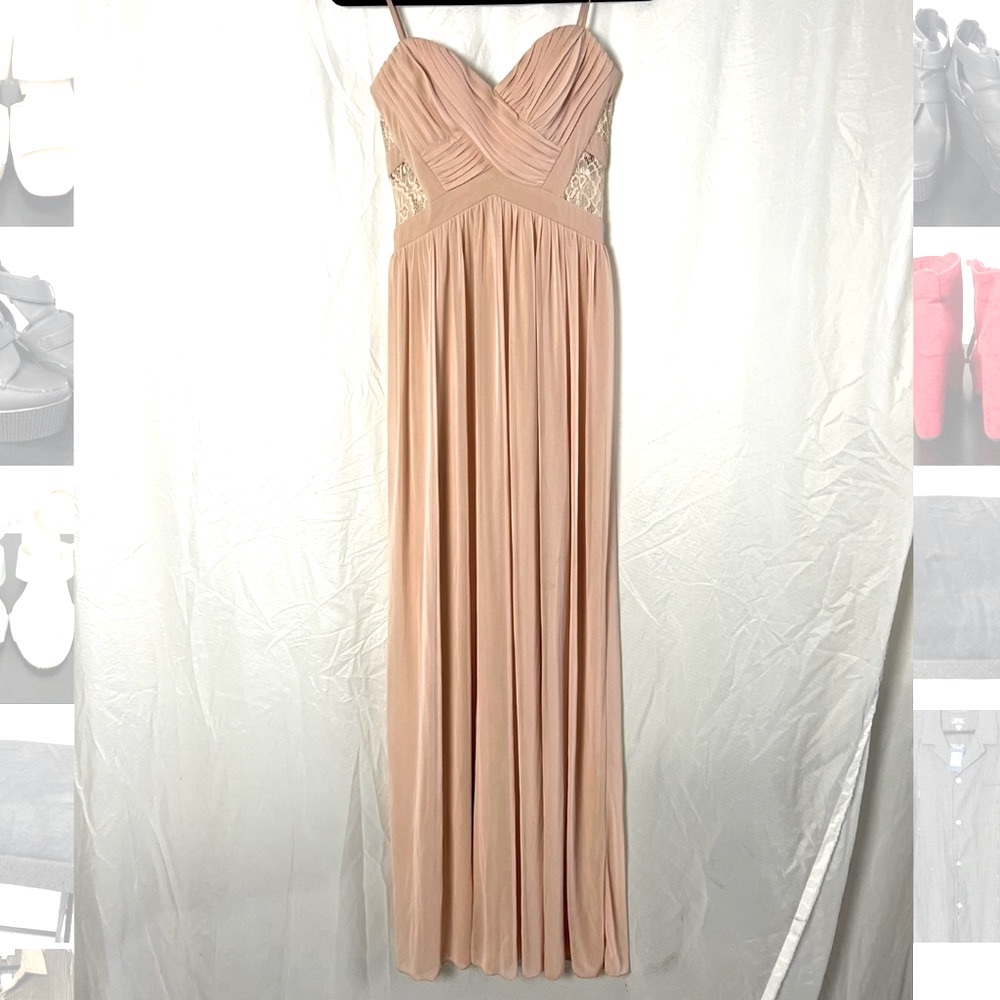 New Lace inset strapless blush gown